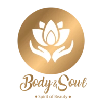 Logo de Body & Soul: flor de loto dorada sobre dos manos, con la frase Spirit of Beauty