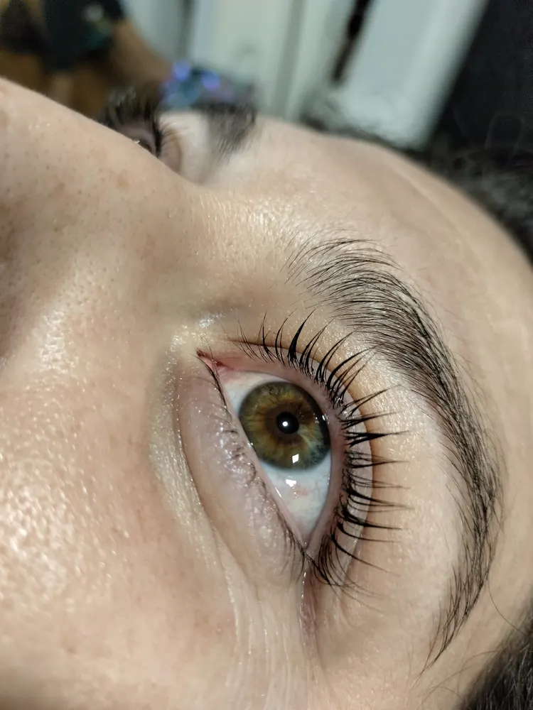 Ojo verde con pestañas onduladas y teñidas
